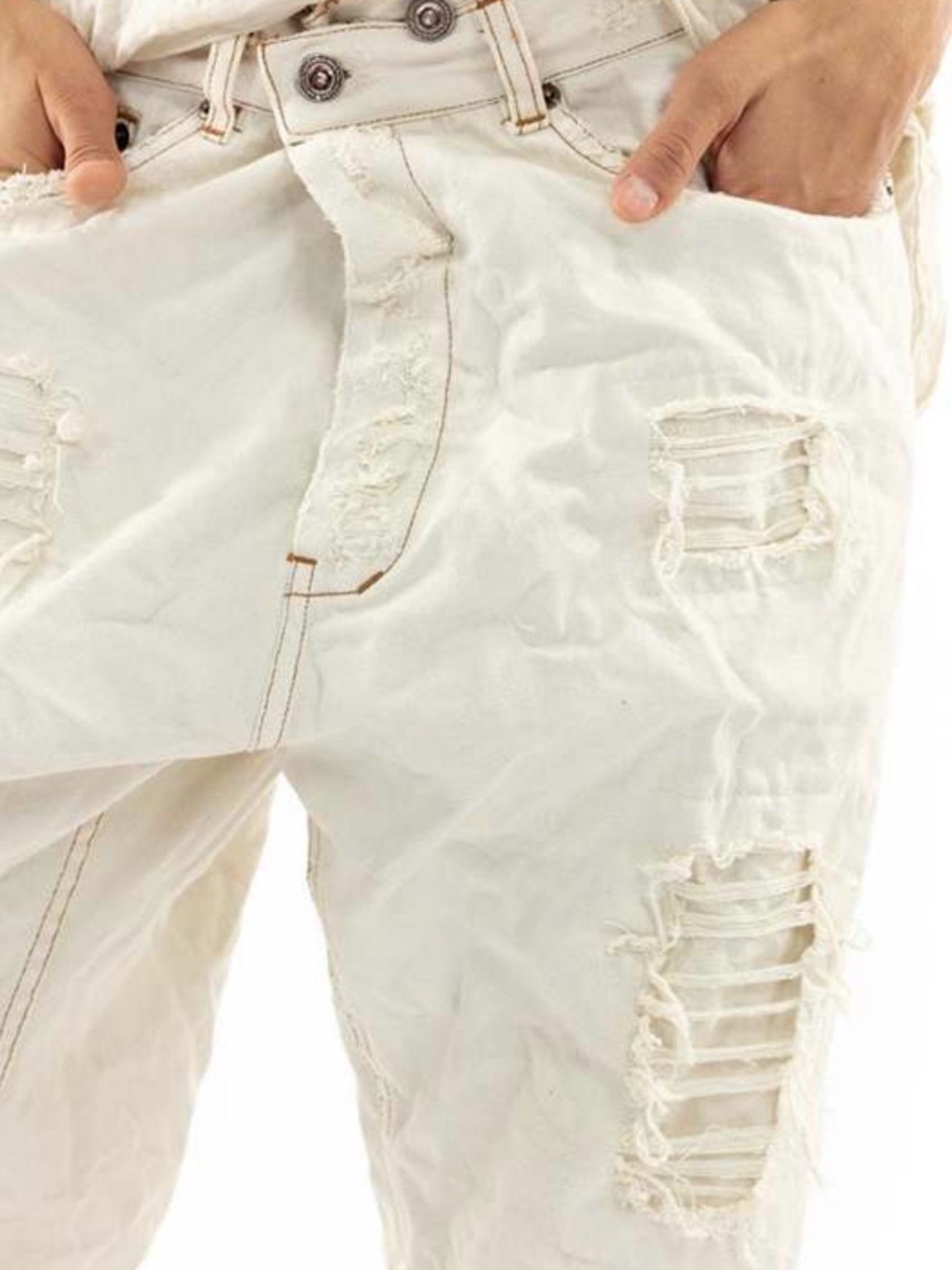 Magnolia Pearl Cotton Miner Denim pants distressed cream adjustable waist - Picture 3 of 16